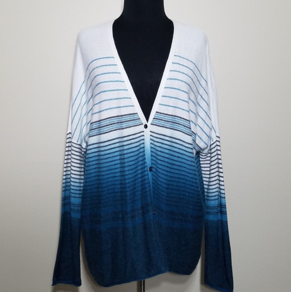 Left On Houston Cardigan Oversized Small Vneck Button Dolman Teal Stripe Knit - Picture 7 of 11